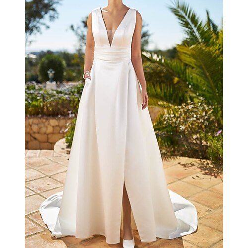 

A-Line Wedding Dresses V Wire Sweep / Brush Train Satin Sleeveless Simple with Split Front 2022