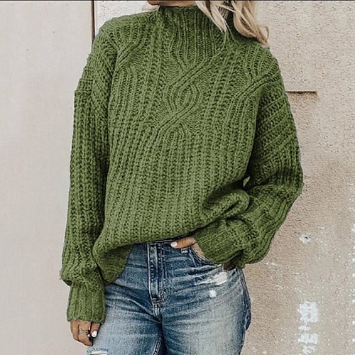 

Women's Pullover Sweater Jumper Turtleneck Cable Chunky Knit Acrylic Knitted Drop Shoulder Fall Winter Daily Going out Vintage Style Basic Casual Long Sleeve Solid Color Black Pink Army Green S M L