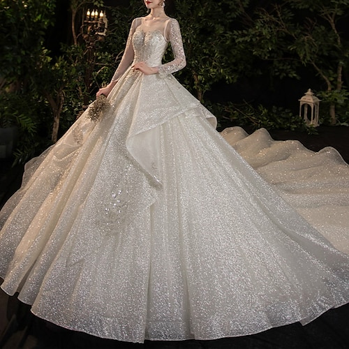 

Ball Gown Wedding Dresses Jewel Neck Watteau Train Lace Long Sleeve Formal Luxurious Sparkle & Shine with Pleats Ruffles 2022