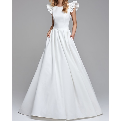 

A-Line Wedding Dresses Jewel Neck Floor Length Satin Sleeveless Simple Backless with 2022