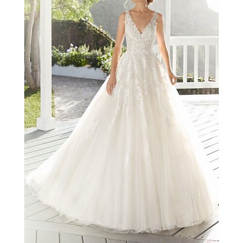 

A-Line Wedding Dresses V Neck Floor Length Lace Tulle Sleeveless Country Formal with Pleats Appliques 2022