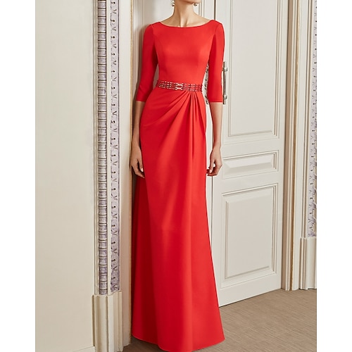 

Sheath / Column Mother of the Bride Dress Elegant Jewel Neck Floor Length Stretch Satin Half Sleeve with Sash / Ribbon 2022