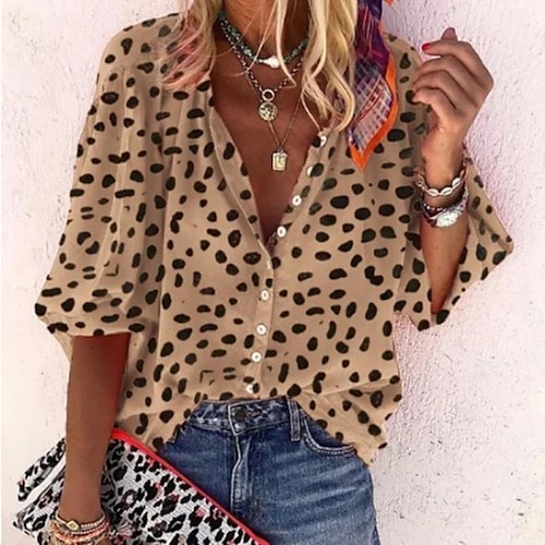 

Women's Blouse Shirt Khaki Leopard Cheetah Print Print 3/4 Length Sleeve Daily Weekend Elegant V Neck Loose Fit Leopard S