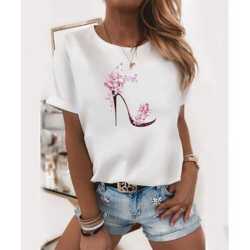 

Women's T shirt Tee White Cartoon Floral Print Short Sleeve Daily Basic Round Neck Regular S