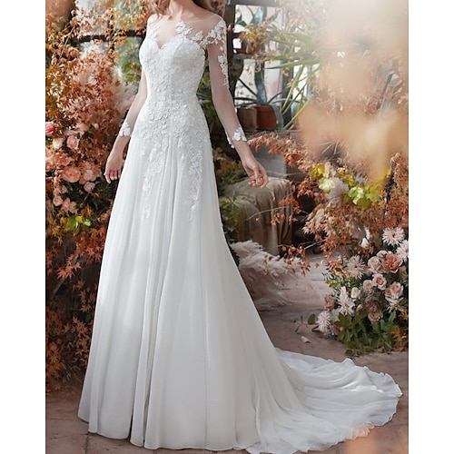 

A-Line Wedding Dresses Jewel Neck Sweep / Brush Train Chiffon Lace Long Sleeve Country Vintage with 2022