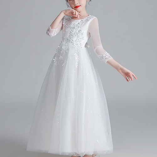 Kids Little Girls' Dress Floral Tulle Dress Mesh White Maxi Long Sleeve Cute Dresses Children's Day Regular Fit