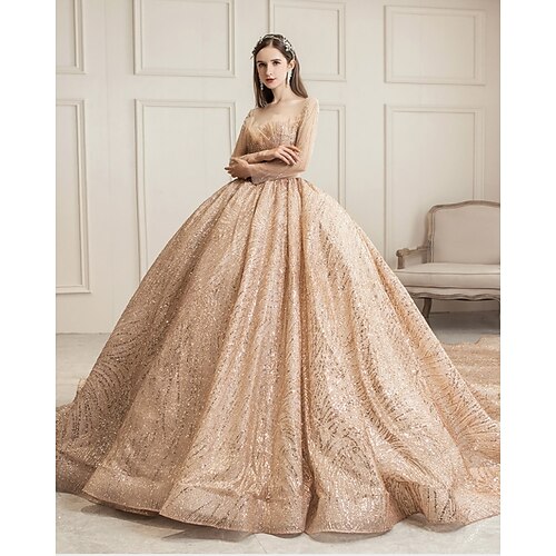 

Princess Ball Gown Wedding Dresses Jewel Neck Chapel Train Tulle Sequined Long Sleeve Formal Luxurious with 2022