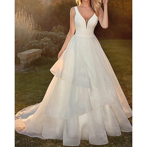 

A-Line Wedding Dresses V Neck Sweep / Brush Train Satin Tulle Sleeveless Country Simple with Cascading Ruffles 2022