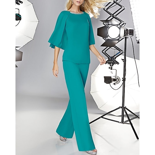 

Two Piece Pantsuit Mother of the Bride Dress Elegant Jewel Neck Floor Length Chiffon Half Sleeve with Pleats 2022