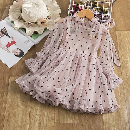 

Kids Girls' Dress Polka Dot Knee-length Dress Lace Long Sleeve Cute Dress Dusty Rose Beige