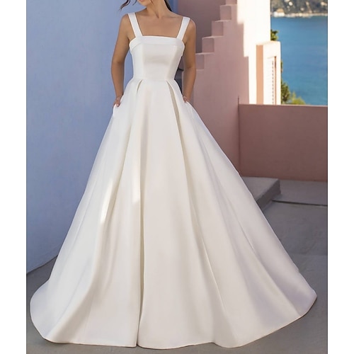 

A-Line Wedding Dresses Scoop Neck Floor Length Satin Sleeveless Country Simple with Pleats 2022