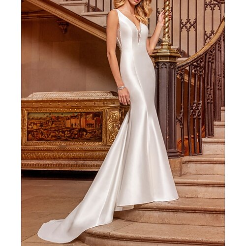 

Mermaid / Trumpet Wedding Dresses V Neck Sweep / Brush Train Satin Sleeveless Simple with 2022