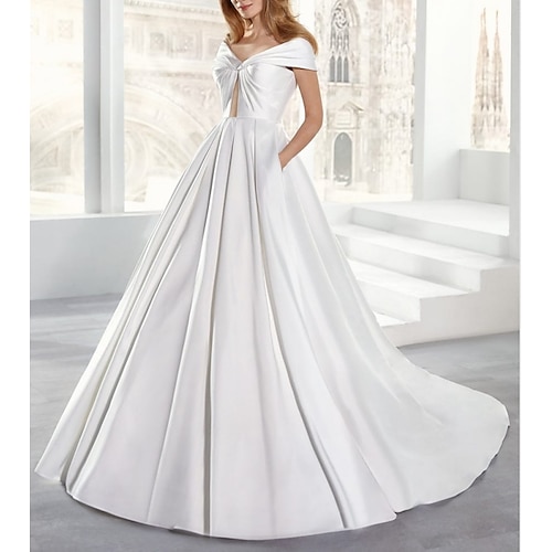 

A-Line Wedding Dresses Off Shoulder Floor Length Satin Sleeveless Simple Luxurious with 2022