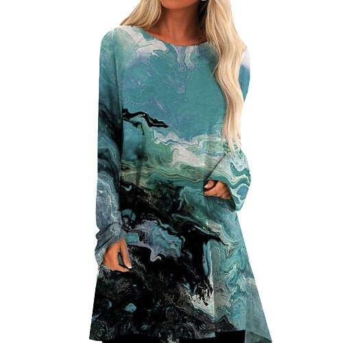 

Women's Casual Dress Shift Dress Green Long Sleeve Print Fall Spring Crew Neck Winter Dress Fall Dress Loose Fit M L XL XXL 3XL