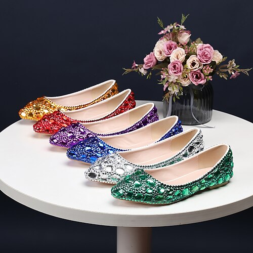 

Mulheres Sapatos De Casamento Casamento Festas Noite Sapatilhas de casamento Sapatos de noiva Pedrarias Cristais Sem Salto Dedo Apontado Vintage Luxuoso Sensual Couro Ecológico Mocassim Cor Sólida