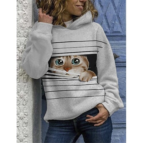 

Women's Pullover Hoodie Sweatshirt Cat Daily Weekend Casual Hoodies Sweatshirts Loose White