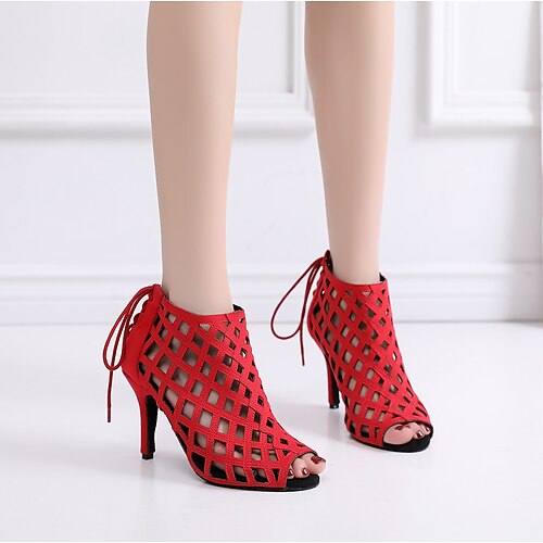 

Women's Dance Boots Tango Shoes Training Performance Heel Lace-up Sided Hollow Out Mesh Slim High Heel Adults' Black Red