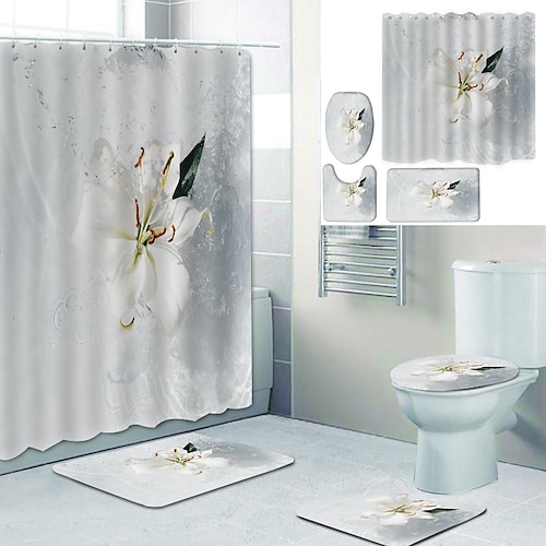 

Water Splash Flowers Printed Bathtub Curtain Liner Covered With Waterproof Fabric Shower Curtain For Bathroom Home Decoration With Hook Floor Mat And Four-piece Toilet Mat