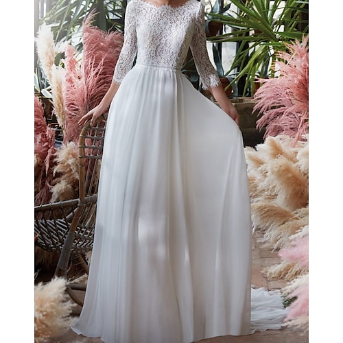 

Sheath / Column Wedding Dresses Jewel Neck Floor Length Chiffon Lace Long Sleeve Country Simple with 2022