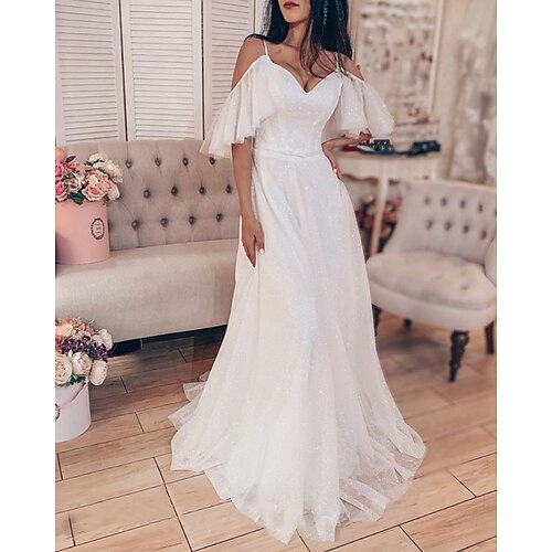 

A-Line Wedding Dresses V Neck Floor Length Tulle Sleeveless Beach Sexy with 2022