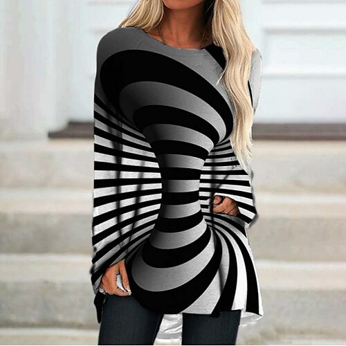 

Women's Casual Dress Shift Dress Black Long Sleeve Striped Print Spring Crew Neck Winter Dress Fall Dress Loose Fit M L XL XXL 3XL