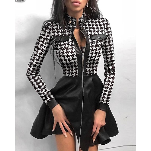 

Women's Sheath Dress Black Blue White Long Sleeve Houndstooth Patchwork Winter Fall Autumn Winter Dress Fall Dress Slim S M L XL XXL