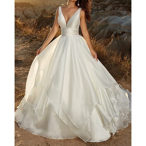 

A-Line Wedding Dresses V Neck Sweep / Brush Train Satin Sleeveless Country Formal Simple with Cascading Ruffles 2022