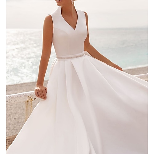 

A-Line Wedding Dresses V Neck Sweep / Brush Train Satin Sleeveless Simple Beach with Crystal Brooch 2022