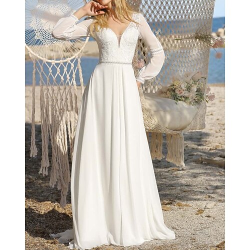 

A-Line Wedding Dresses Jewel Neck Floor Length Chiffon Long Sleeve Simple Beach with 2022