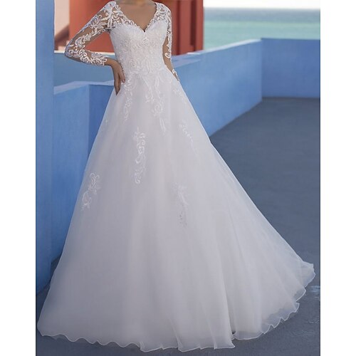 

A-Line Wedding Dresses V Neck Floor Length Lace Tulle Long Sleeve Formal Beach Luxurious with Appliques 2022