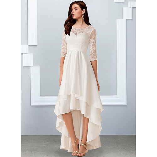 

A-Line Wedding Dresses Jewel Neck Asymmetrical Chiffon Lace Half Sleeve Simple Beach with Cascading Ruffles 2022