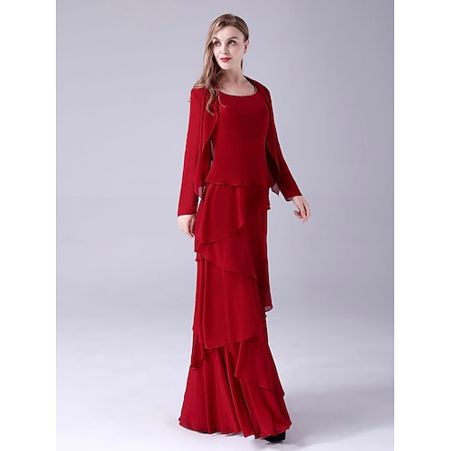 

A-Line Mother of the Bride Dress Plus Size Elegant Scoop Neck Floor Length Chiffon Sleeveless with Beading Cascading Ruffles 2022