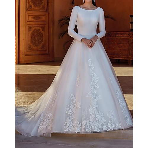 

A-Line Wedding Dresses Jewel Neck Court Train Lace Satin Tulle Long Sleeve Country Formal with Appliques 2022