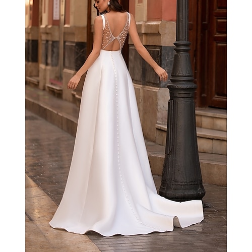 

A-Line Wedding Dresses Jewel Neck Sweep / Brush Train Satin Sleeveless Country Simple with Beading 2022