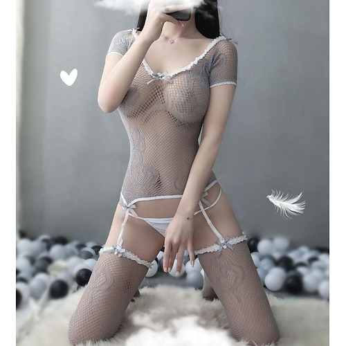 

Women's Gartered Lingerie Garters & Suspenders Suits Bodystockings Solid Colored Polyester Round Neck Mesh Bow Spring & Summer Gray / Deep V / Erotic
