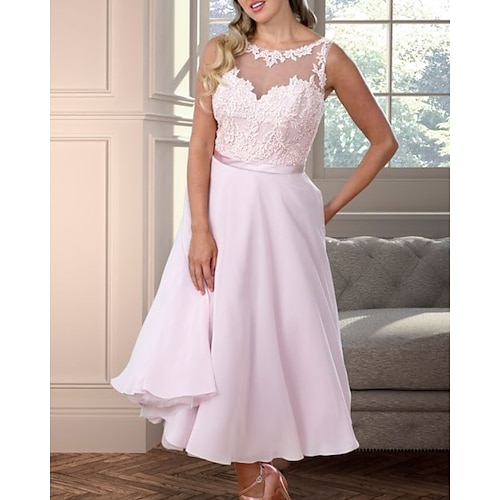 

A-Line Bridesmaid Dress Illusion Neck Sleeveless Plus Size Floor Length Chiffon with Appliques 2022