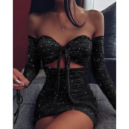

Women's Party Dress Sheath Dress Wrap Dress Mini Dress Green Black Blue Long Sleeve Pure Color Ruched Winter Fall Spring Off Shoulder Hot Party Winter Dress Christmas Slim 2022 S M L XL XXL 3XL