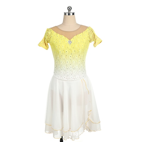 

Figure Skating Dress Women's Girls' Ice Skating Dress Outfits Yellow Patchwork Asymmetric Hem Mesh Spandex High Elasticity Training Competition Skating Wear Handmade Crystal / Rhinestone Short Sleeve