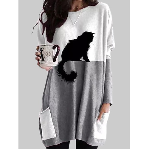 Damen T-Shirt Kleid Tunika Grau Katze Grafik-Drucke Patchwork Tasche Langarm Täglich Basic Rundhalsausschnitt Lang S