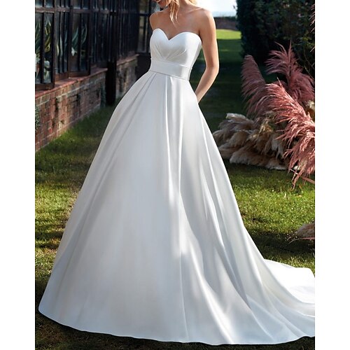 

A-Line Wedding Dresses V Neck Strapless Floor Length Satin Sleeveless Country Simple with 2022