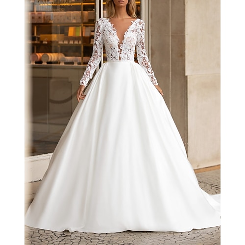 

A-Line Wedding Dresses V Neck Floor Length Lace Satin Long Sleeve Country with 2022