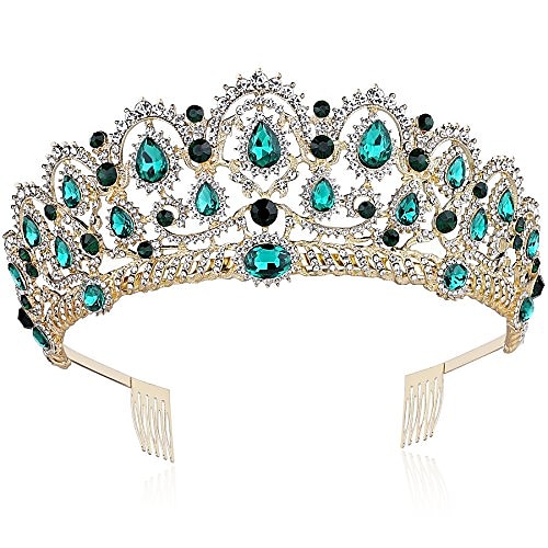 

crystal queen crown birthday tiara prom pageant quinceanera crown tiara rhinestone princess tiara headband with comb pin (emerald-green)