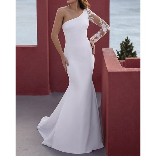 

Mermaid / Trumpet Wedding Dresses One Shoulder Floor Length Lace Stretch Satin Long Sleeve Simple Beach with Appliques 2022