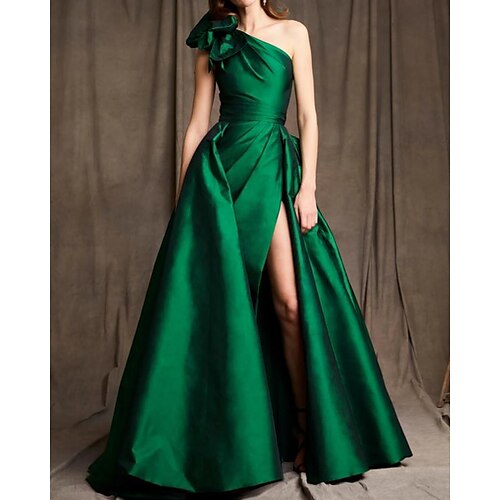 

A-Line Minimalist Sexy High Split Engagement Formal Evening Dress One Shoulder Sleeveless Floor Length Satin with Bow(s) Ruched Slit 2022