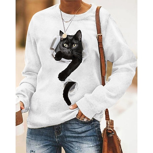 

Women's Hoodie Sweatshirt Pullover Basic Casual Print White Gray Graphic Cat 3D Daily Round Neck Long Sleeve S M L XL XXL / 3D Print