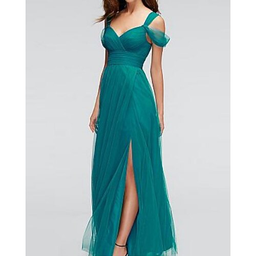 

A-Line Bridesmaid Dress Sweetheart Neckline Short Sleeve Elegant Floor Length Chiffon with Split Front 2022