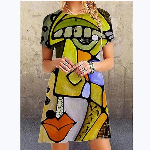 

Women's A Line Dress Knee Length Dress Blue Red Brown Yellow Short Sleeve Print Patchwork Print Summer Round Neck Casual Slim 2022 S M L XL XXL 3XL / Plus Size