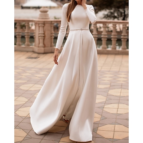 

A-Line Wedding Dresses Jewel Neck Floor Length Satin Long Sleeve Country Simple with Sashes / Ribbons Buttons 2022