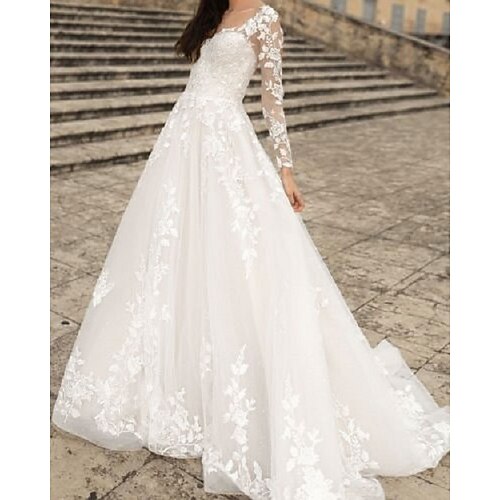 

A-Line Wedding Dresses V Neck Floor Length Lace Tulle Long Sleeve Country with Appliques 2022