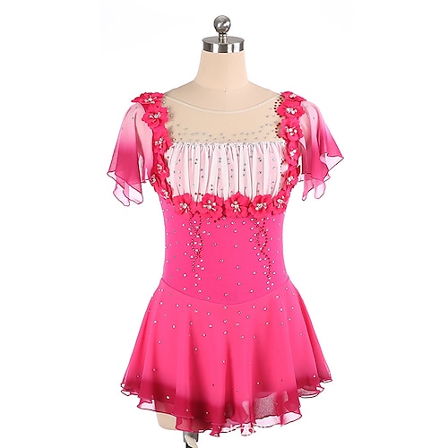 

Figure Skating Dress Women's Girls' Ice Skating Dress Outfits Fuchsia Flower Patchwork Mesh Spandex High Elasticity Training Competition Skating Wear Handmade Crystal / Rhinestone Short Sleeve Ice